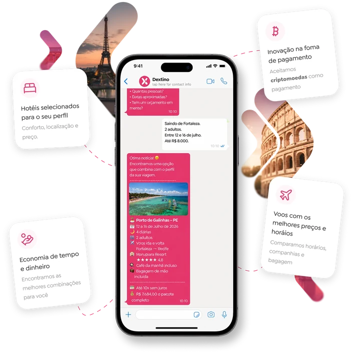 Conversa no WhatsApp com um especialista da Dextino montando uma viagem, cercada pelos diferenciais: hotéis selecionados para o seu perfil, voos com os melhores preços e horários, economia de tempo e dinheiro e pagamento com criptomoedas.
